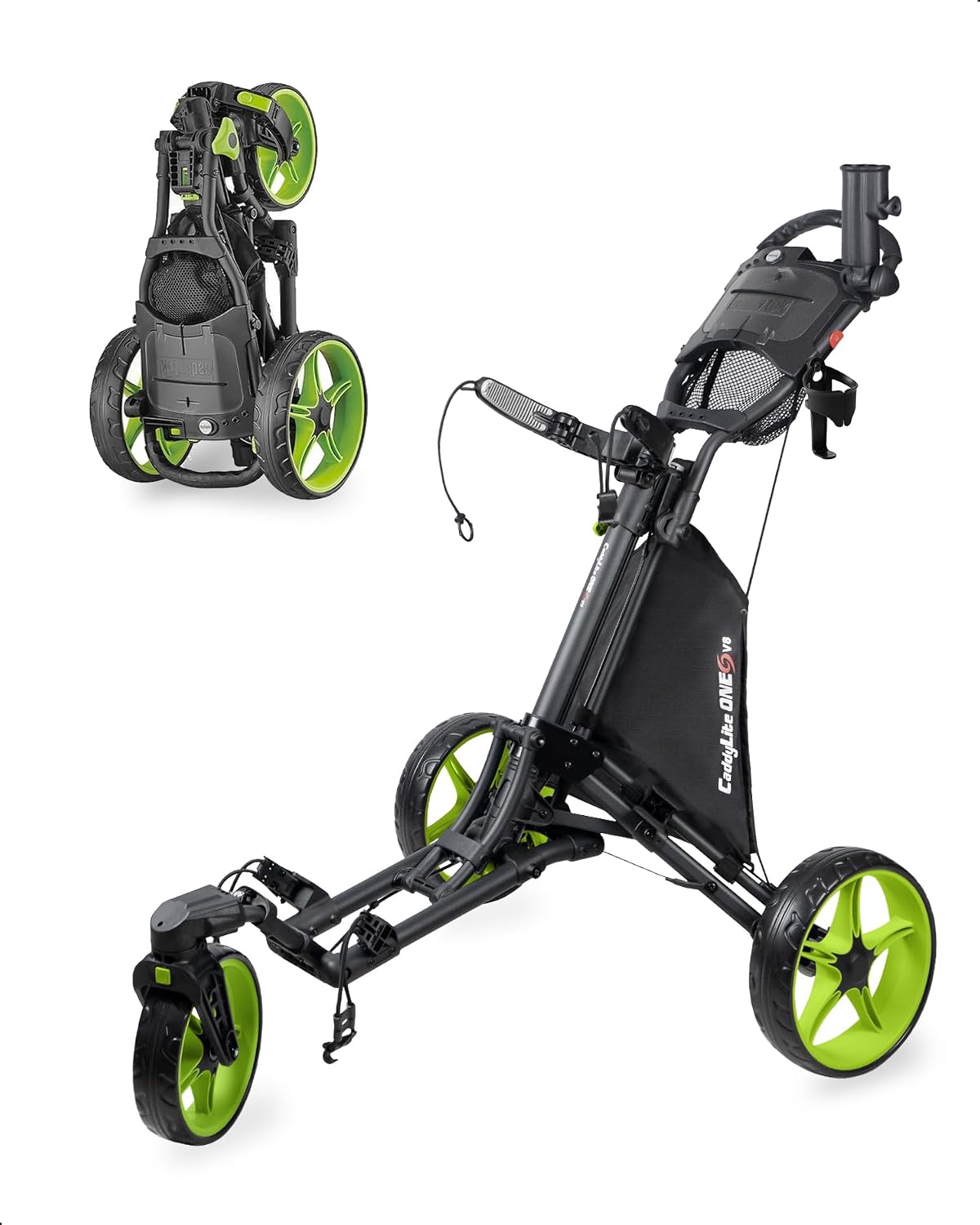 Caddytek CaddyLite ONE-Swivel V8 Golf Push Cart - Lightweight 3 Wheel Foldable Cart with One-Click Folding, 360° Swivel Front Wheel, Adjustable Handle, Cooler Basket, Umbrella & Drink Holder