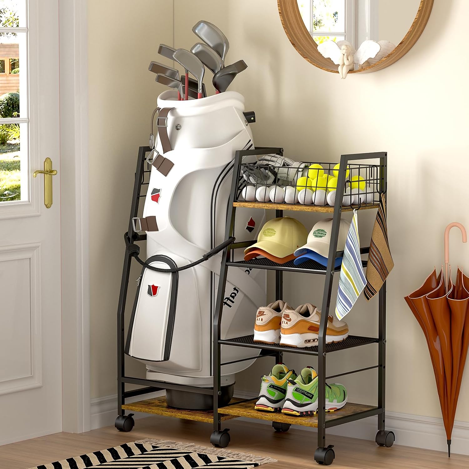 DAOUTIME Golf Bag Garage Storage Rack with Wheels, Organizer for Single Golf...